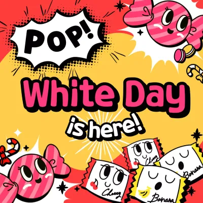 White Day image with candy characters on a pink background