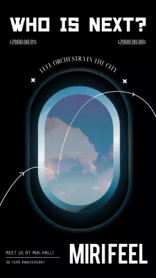 A poster for a concert on an airplane window with a view of the sky.