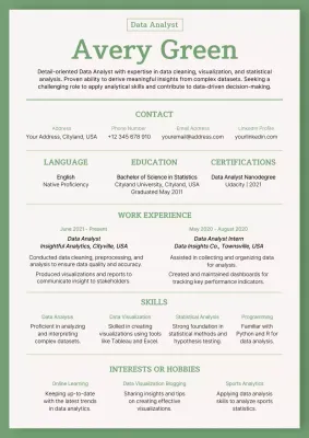 Green and Beige Basic Data Analyst Resume
