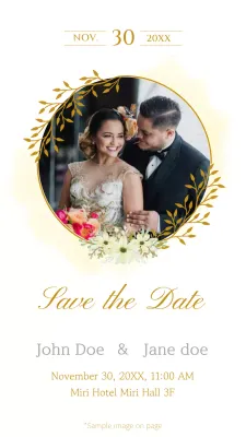Wedding invitation V2 with a photo of a wedding ring on a yellow and white background