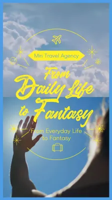 Travel agency promotion with yellow calligraphy and light blue image (video vertical)