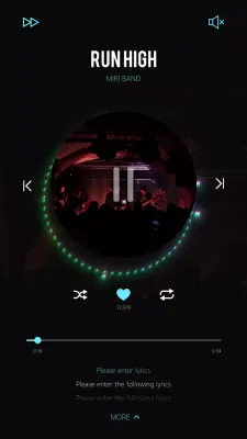 Darkmode music streaming with neon-colored sky-blue flashy lights and a live band performance concept