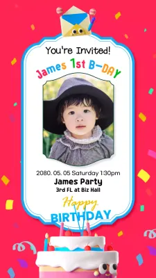 baby first birthday invitation with red and cake