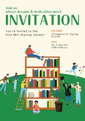 A cute, green web poster for the opening of an incubator.