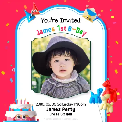 baby first birthday invitation with red and cake